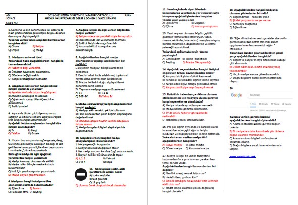 2021-2022 Medya Okuryazarlığı 1.Dönem 1.Yazılı