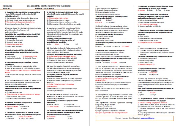 2021-2022 Ortak Türk Tarihi 1.Dönem 1.Yazılı