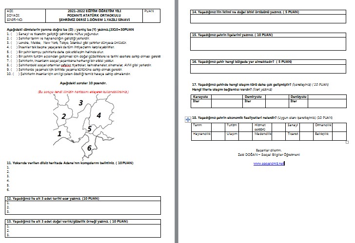 2021-2022 Şehrimiz 1.Dönem 1.Yazılı