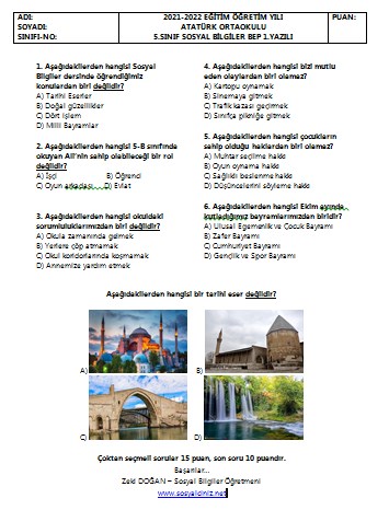 2021-2022 Sosyal Bilgiler 5 BEP 1.Yazılı