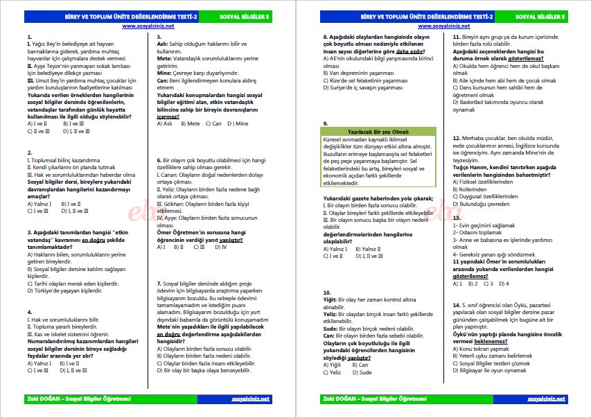 Sosyal Bilgiler 5 Birey ve Toplum Ünite Tarama Testi