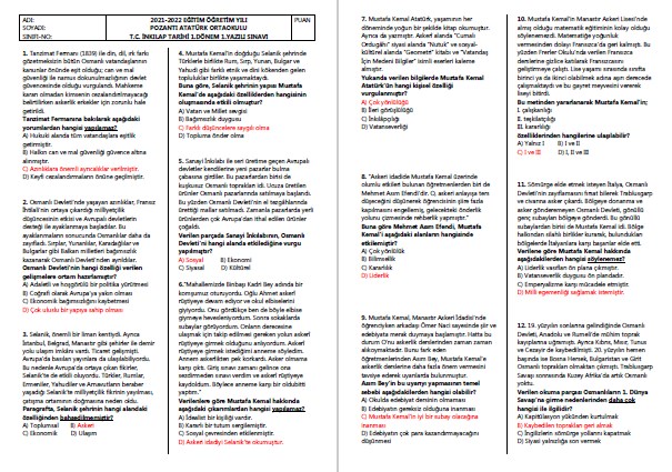 2021-2022 T.C.İnkılap Tarihi 1.Yazılı TEST