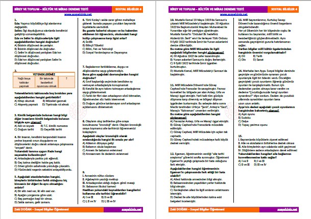 4.Sınıf Sosyal Bilgiler Deneme Sınavı-1