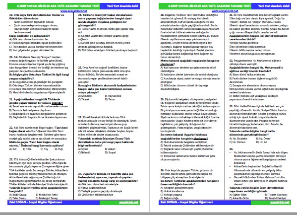6. Sınıf Sosyal Bilgiler Ara Tatil Tarama Testi 60 Soru