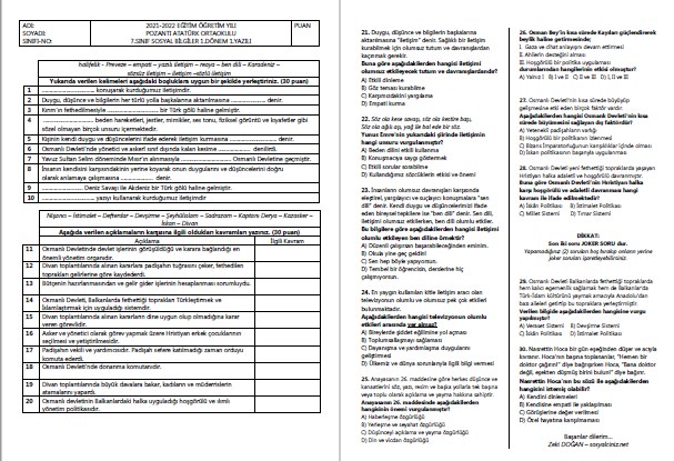 7.Sınıf Sosyal Bilgiler 1.Dönem 1.Yazılı