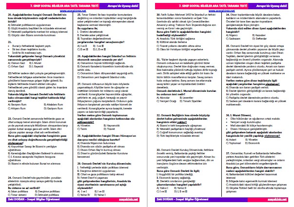 7. Sınıf Sosyal Bilgiler Ara Tatil Tarama Testi 60 Soru