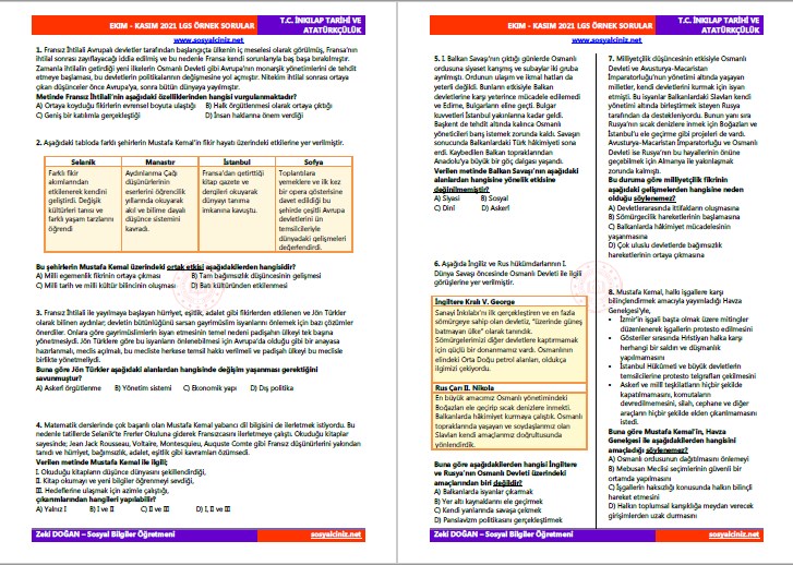 Ekim-Kasım T.C. İnkılap Tarihi MEB LGS Örnek Soruları
