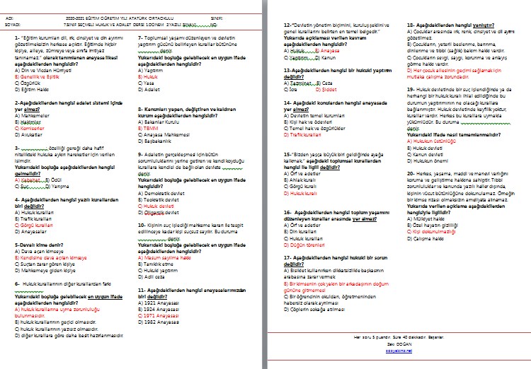 Hukuk ve Adalet 1.Dönem 2.Yazılı