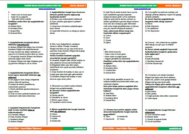 İklimin İnsan Faaliyetlerine Etkisi Test