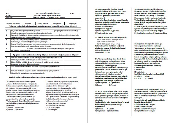 2021-2022 T.C.İnkılap Tarihi 1.Dönem 1.Sınavı