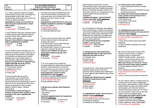 T.C.İnkılap Tarihi 1.Dönem 1.Yazılı Test