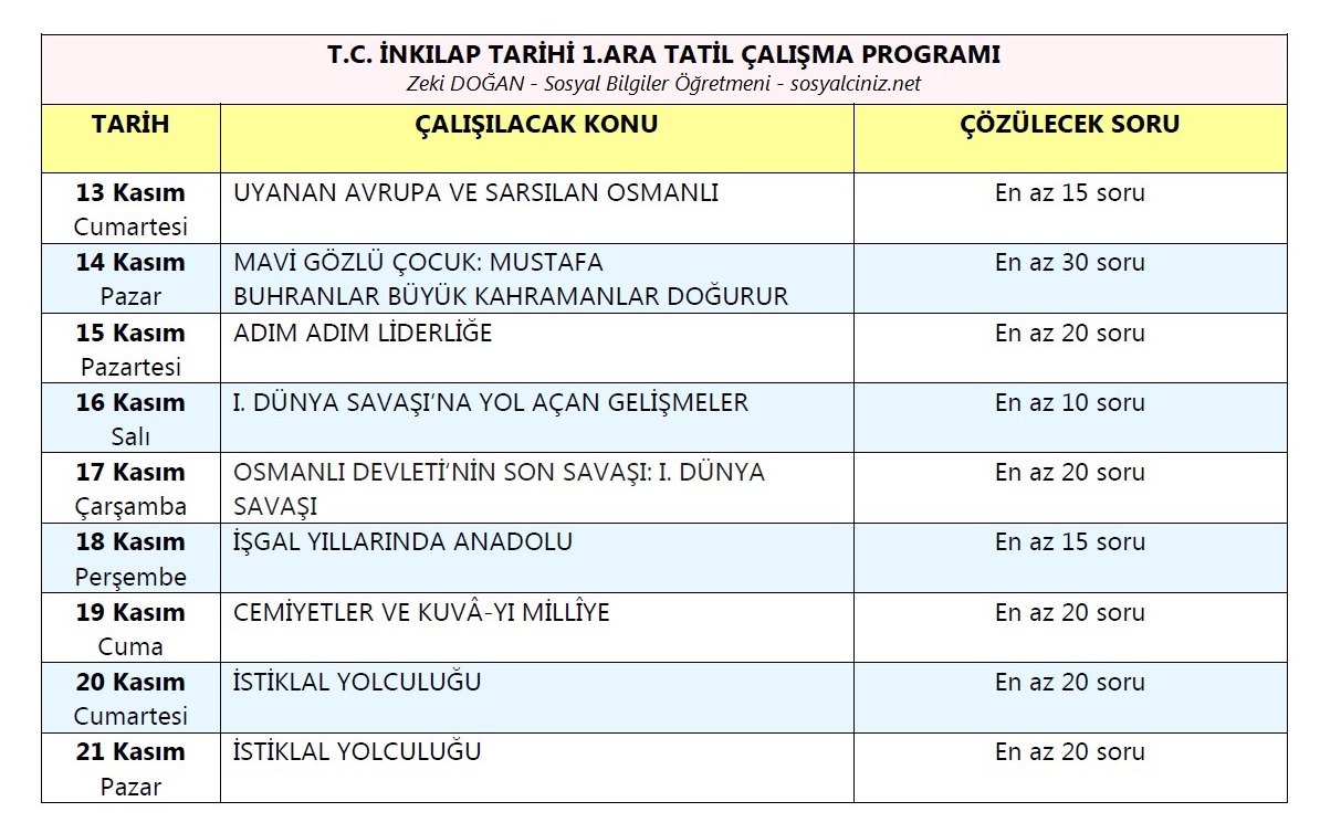 T. C. İnkılap Tarihi Kasım Ara Tatili Çalışma Programı