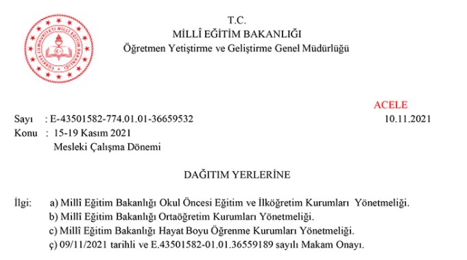 Kasım 2021 Mesleki Çalışma Programı