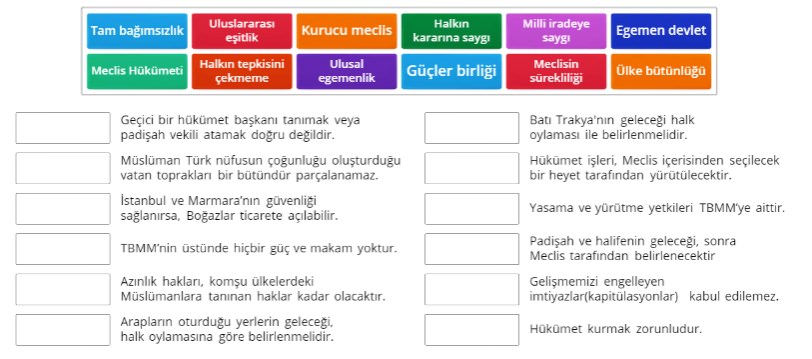 Misakı Milli ve TBMM’de Alınan Kararlar Online Eşleştirme