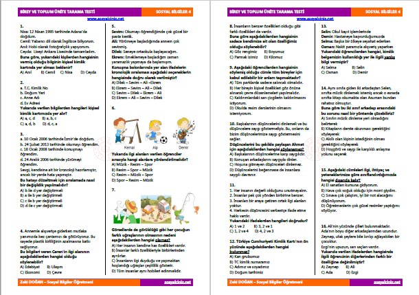 4.Sınıf Sosyal Bilgiler Birey ve Toplum Ünite Testi