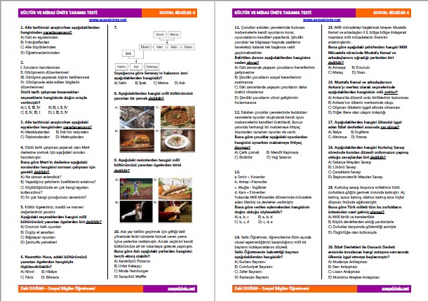 4.Sınıf Sosyal Bilgiler Kültür ve Miras Ünite Testi