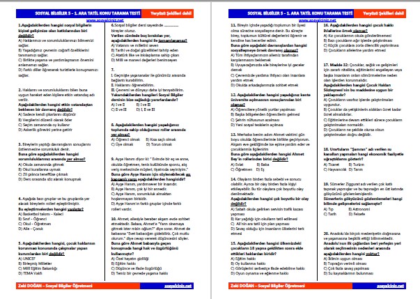 5. Sınıf Sosyal Bilgiler Ara Tatil Tarama Testi 60 Soru
