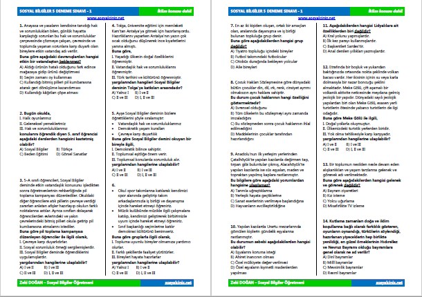 Sosyal Bilgiler 5 Deneme Sınavı 1