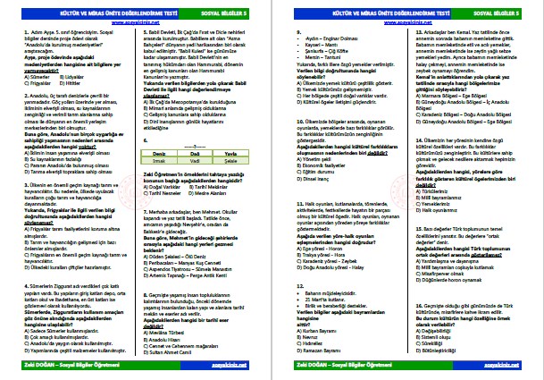 5.Sınıf Sosyal Bilgiler Kültür ve Miras Ünite Tarama Testi