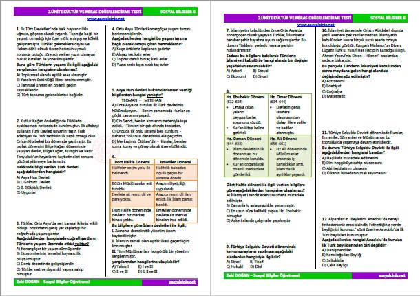 Sosyal Bilgiler 6 Kültür ve Miras Ünite Değerlendirme Testi-1