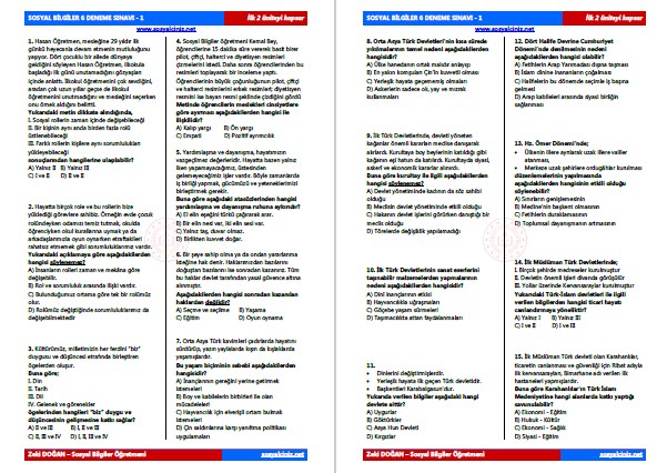 Sosyal Bilgiler 6 Deneme Sınavı 1