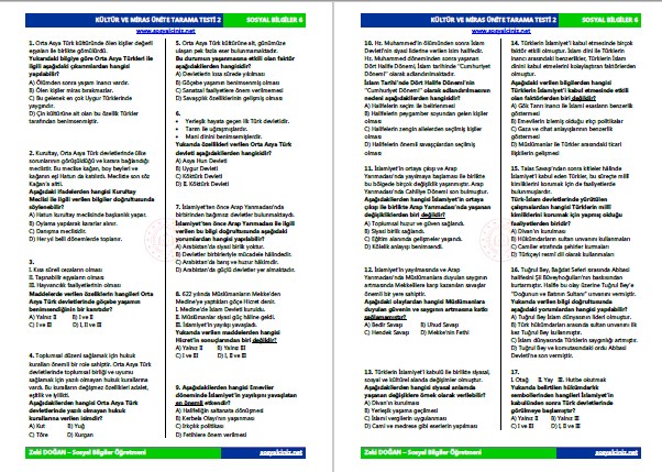 6.Sınıf Sosyal Bilgiler Kültür ve Miras Ünite Testi
