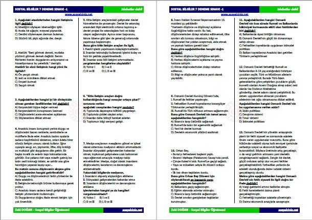 Sosyal Bilgiler 7 Deneme Sınavı 1