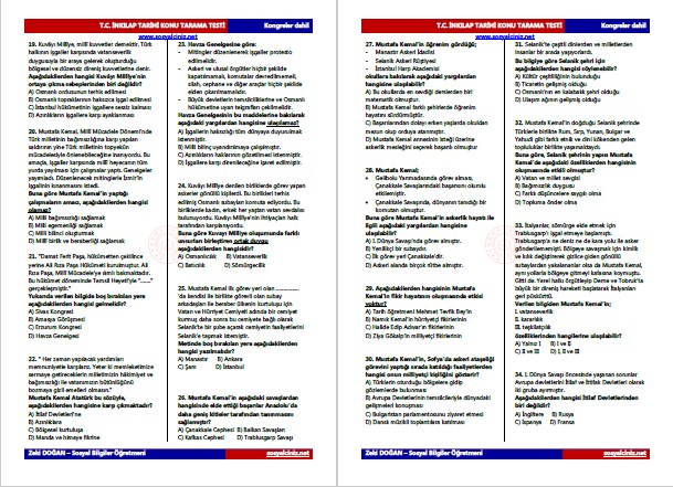 T.C. İnkılap Tarihi Ara Tatil Testi (70 soru)
