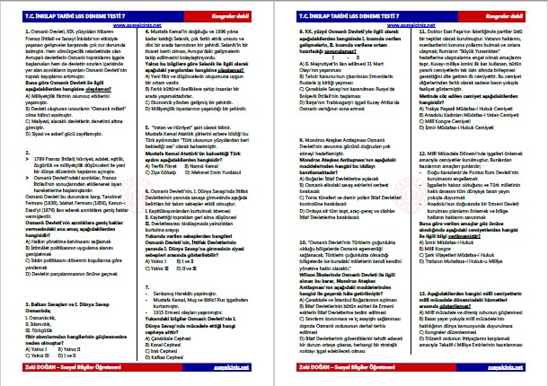 T. C. İnkılap Tarihi LGS Deneme Testi 7