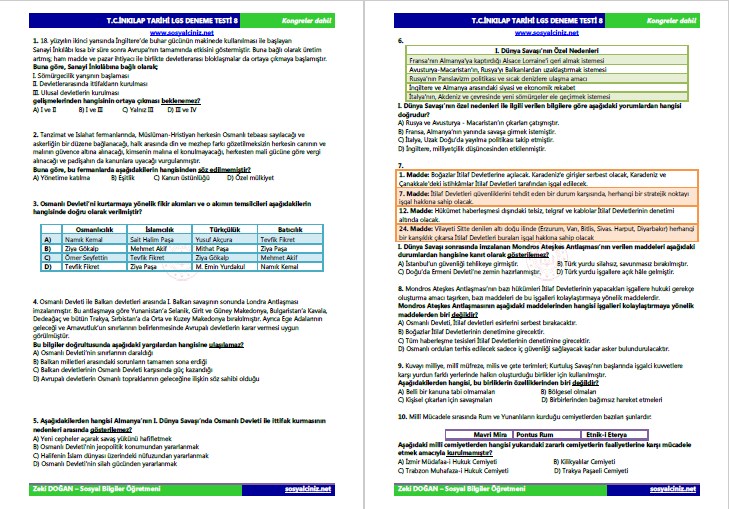 T.C. İnkılap Tarihi LGS Deneme Testi 8
