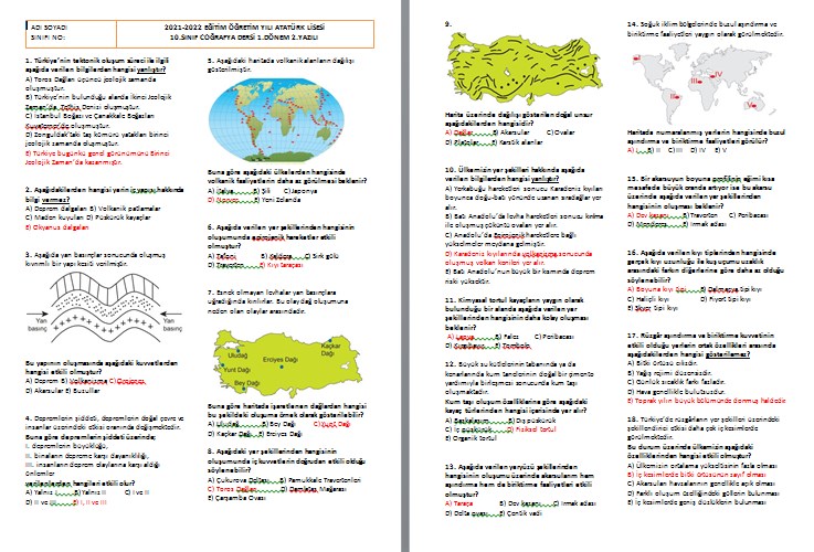 10.Sınıf Coğrafya 1.Dönem 2.Yazılı
