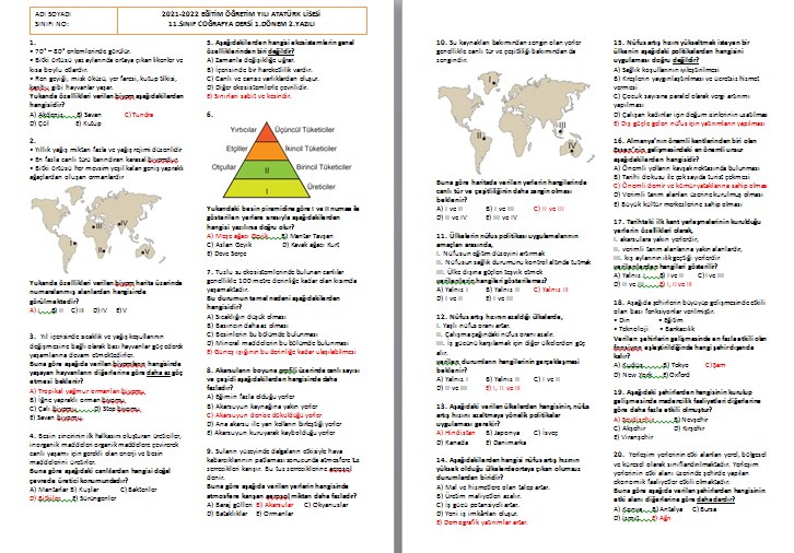 11.Sınıf Coğrafya 1.Dönem 2.Yazılı