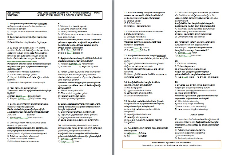 4.Sınıf Sosyal Bilgiler 1.Dönem 2.Yazılı