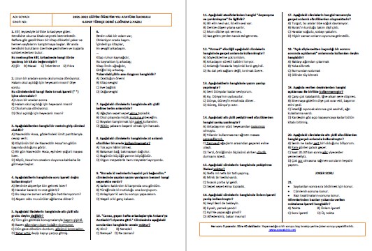 4.Sınıf Türkçe 1.Dönem 2.Yazılı