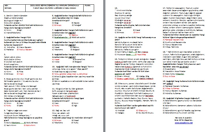 5-6-7-8. Sınıf Halk Kültürü 1.Dönem 2.Yazılı