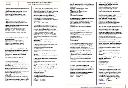 5-6-7-8. Sınıf Türkçe Dersi 1.Dönem 2.Yazılı