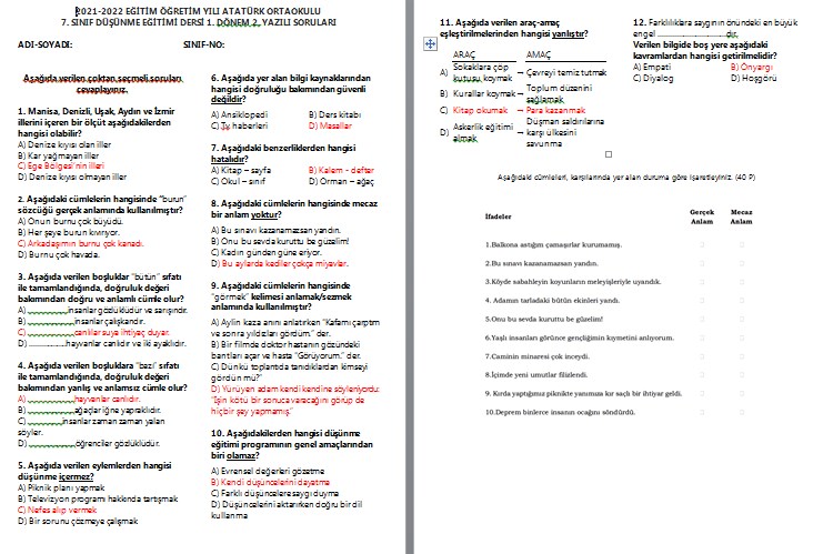 2020-2021 7.Sınıf Düşünme Eğitimi 1.Dönem 2.Yazılı