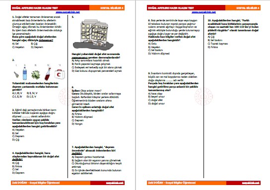 Doğal Afetlere Hazır Olalım Test