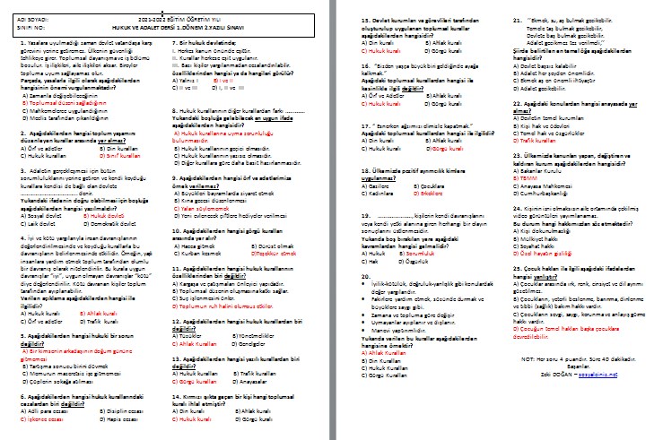2021-2022 Hukuk ve Adalet 1.Dönem 2.Yazılı Test