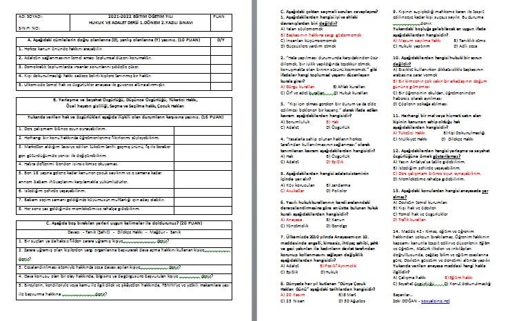 2021-2022 Hukuk ve Adalet 1.Dönem 2.Yazılı Karma