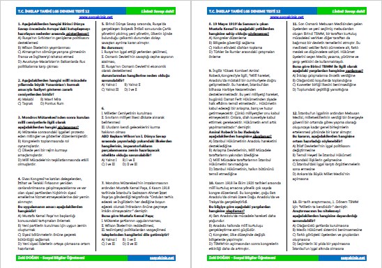 T.C. İnkılap Tarihi LGS Deneme Testi 12
