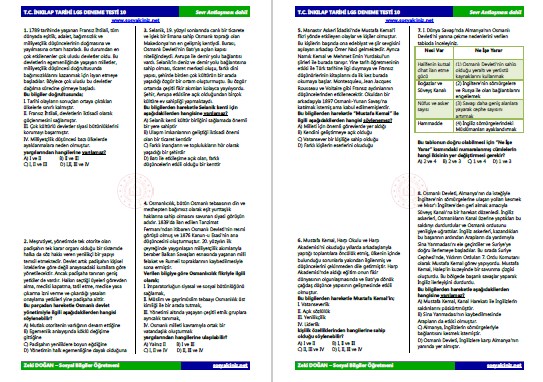 T.C. İnkılap Tarihi LGS Deneme Testi 10