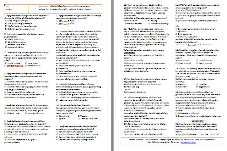 2021-2022 Medya Okuryazarlığı 1.Dönem 2.Yazılı Sınavı