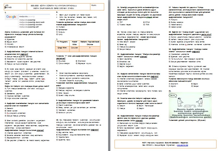 2021-2022 Medya Okuryazarlığı 1.Dönem 2.Sınavı