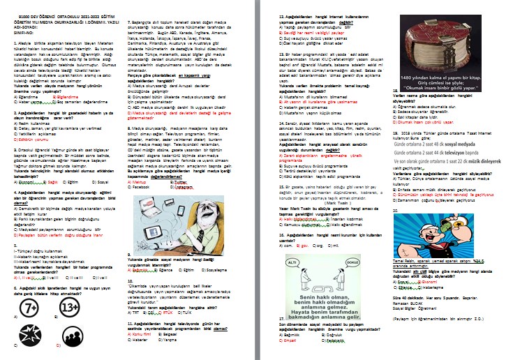 2021-2022 Medya Okuryazarlığı 1.Dönem 2.Yazılı