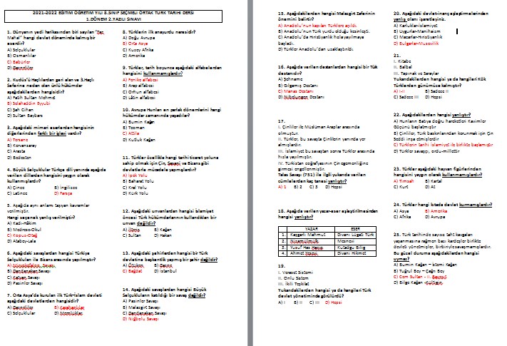 2021-2022 8.Sınıf Ortak Türk Tarihi 1.Dönem 2.Yazılı