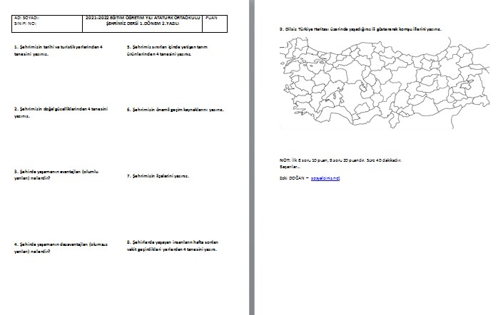 2021-2022 Şehrimiz Dersi 1.Dönem 2.Yazılı