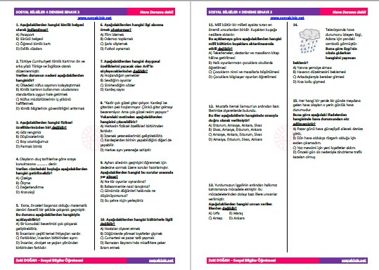 Sosyal Bilgiler 4 Deneme Sınavı 3