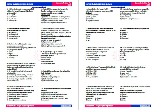 Sosyal Bilgiler 4 Deneme Sınavı 2