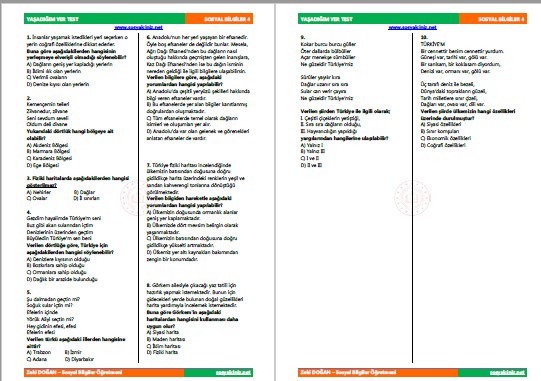 Sosyal Bilgiler 4 Yaşadığım Yer Test